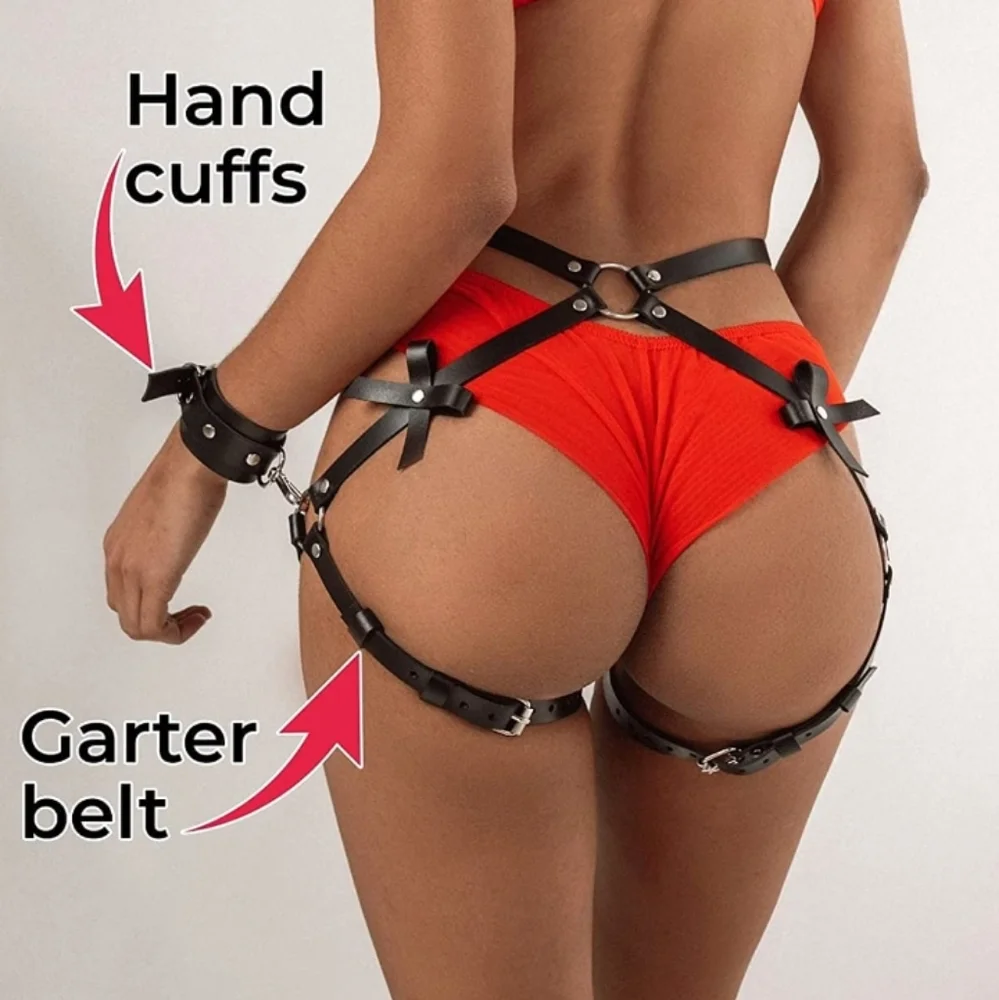 Black vegan leather dbl thigh garter harness w/chain & belt! Bondage - Picture 16 of 16